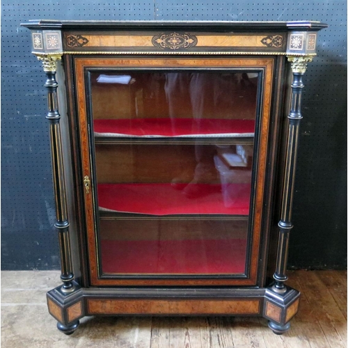 1466 - A Good Victorian Ebonised China Cabinet with amboyna  inlay and canted corners with reeded pillars, ... 