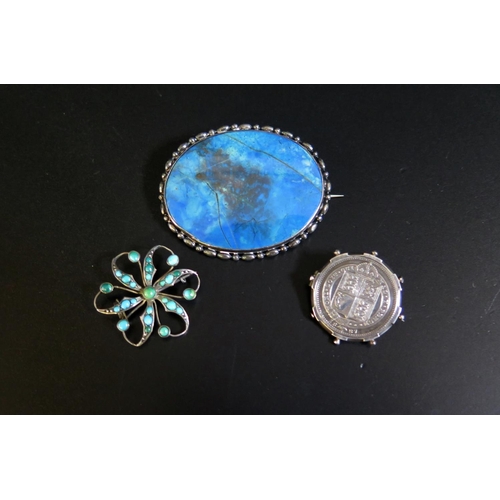 157 - A Vintage Lapis Lazuli Brooch, turquoise brooch and coin brooch