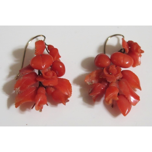 271 - A Pair of Antique Foliate Carved Coral Pendant Earrings, 30mm drop, 5.2g