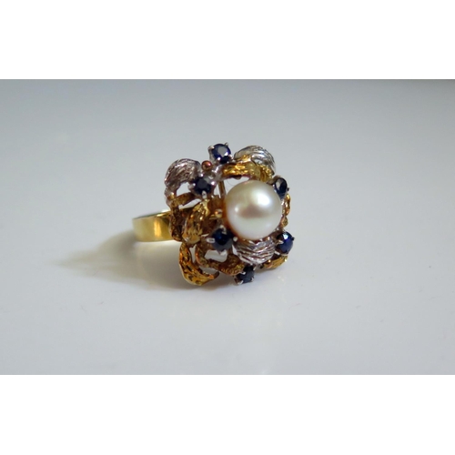 277 - An 18K Yellow and White Gold, Sapphire and Pearl Dress Ring, 20x19mm head, size O, 8g