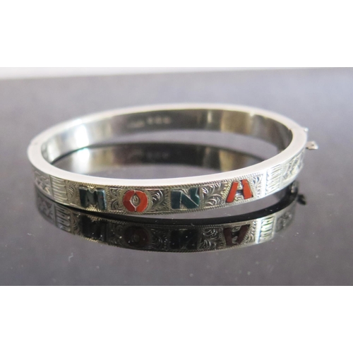 296 - An Edward VII Silver and Hardstone Mounted 'MONA' Hinged Name Bangle, Birmingham 1908, W.H.L, 12.8g