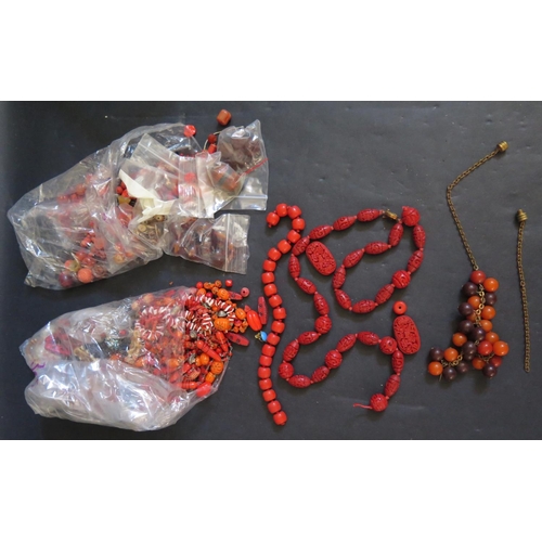 306 - A Chinese Cinnabar Necklace with silver gilt clasp (needs restringing), coral beads (51g, 12x10mm), ... 