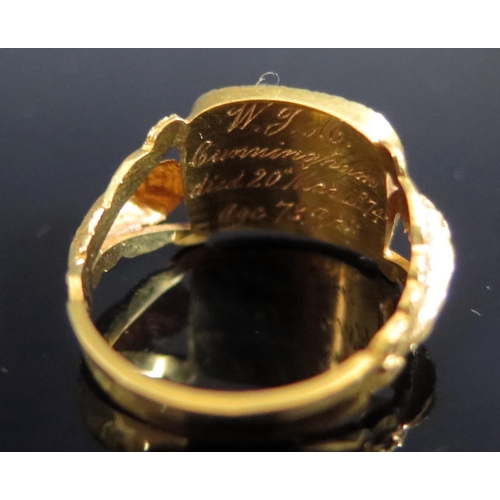 311 - A Victorian 18ct Gold and Enamel Memorial Ring with glazed woven hair panel and inscription to the b... 