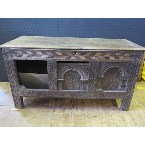 1454 - A Distressed Early Panelled Oak and Inlaid Coffer, c. 16th century, 145(w)x77(h)x59(d)cm