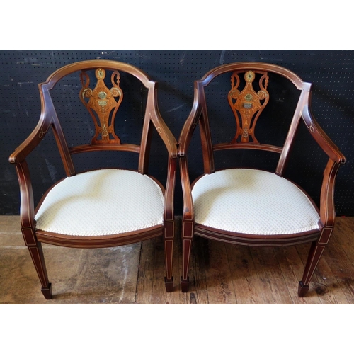 1463b - A Pair of Edwardian Mahogany and Inlaid Salon Chairs