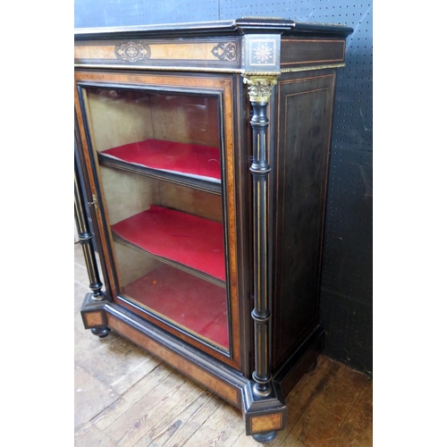 1466 - A Good Victorian Ebonised China Cabinet with amboyna  inlay and canted corners with reeded pillars, ... 