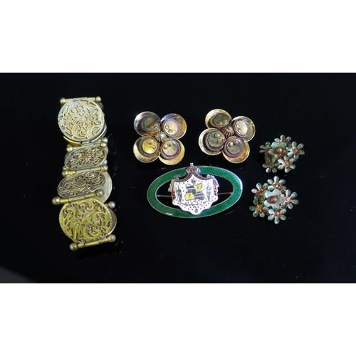 148 - A Silver and Enamel Brooch and gilt jewellery including clip earrings and bracelet made from pocket ... 