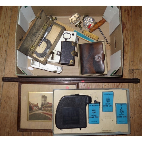 1488 - Boxed Projector De-Luxe, micrometer, playing cards, crystal door knobs, old lock plate with key, etc... 