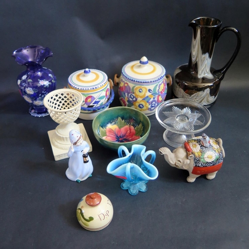 1491 - A Box of Odd Ceramics and Glass including Moorcroft, Poole Carter, Stabler, Adams biscuit barrel, on... 