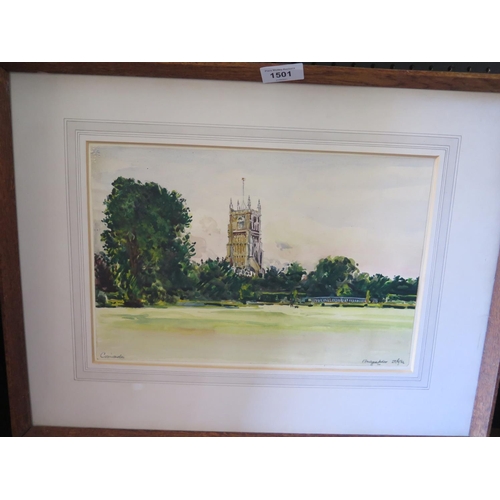 1501 - Montague Leder (1900-1972), Cirencester cathedral, watercolour, 33.5x22cm