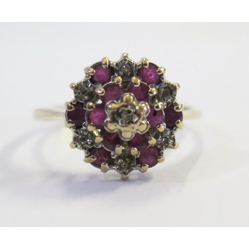 185 - A 9ct Gold, Ruby and Diamond Cluster Ring, size O, 2.5g