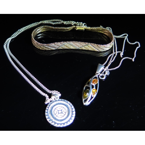 2 - A Silver Gilt Tri-Colour Bracelet and two silver pendant necklaces, 39g