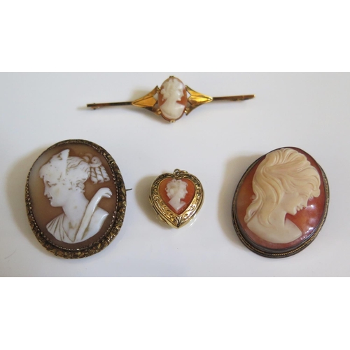 213 - A 9ct Gold Shell Cameo Brooch (3.7g), two other cameo brooches and cameo locket