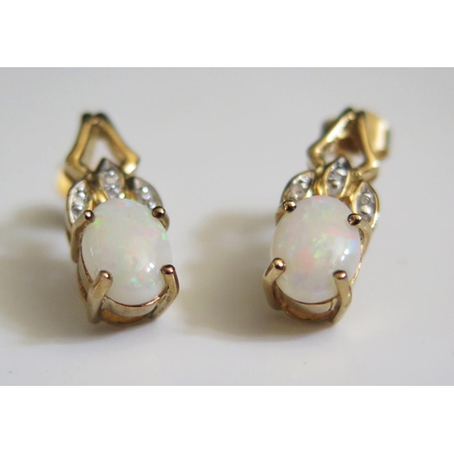 236 - A Pair of 9ct Gold, White Opal and Diamond Drop Pendant Earrings, 19mm drop, 3g