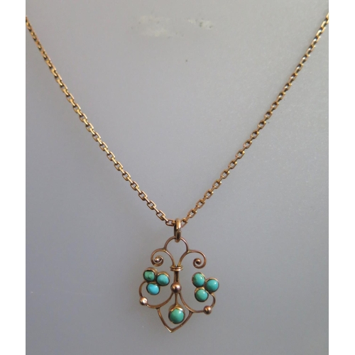 259 - An Unmarked 9ct Gold Necklace with turquoise mounted pendant, 5.6g