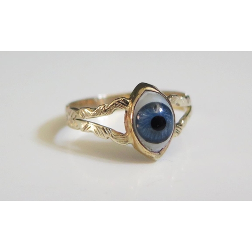 263 - An Antique Gold Eye Ring, set with glass eye, shank repaired, size P, 1.9g, boxed