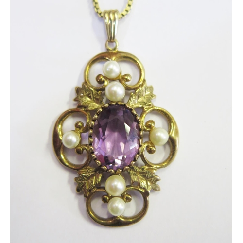 283 - A Large 9ct Gold, Amethyst and Pearl Pendant Necklace, 10.1g, c. 46mm drop