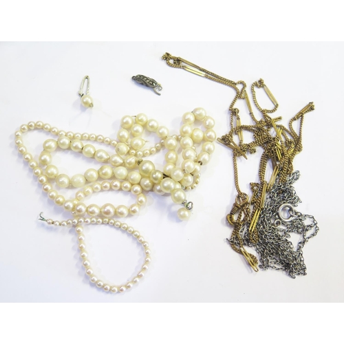 295 - Two Guard Chains and two pearl necklaces, one with 9ct gold clasp, both need re-stringing