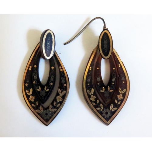 308 - A Pair of Victorian Tortoiseshell Pique Pendant Earrings. A/F