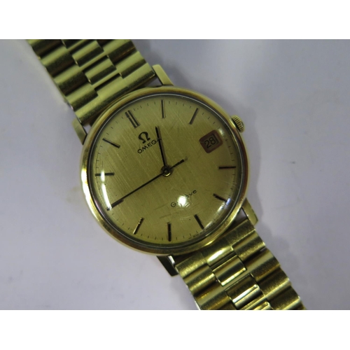 386 - An Omega Gent's Wristwatch in a gold or gold plated case, boxed and with papers dated 1973, movement... 