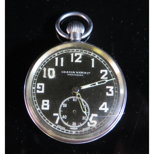 408 - An Orator Military Pocket Watch, back with crows foot and stamped G.S.T.P. 153245, running but missi... 