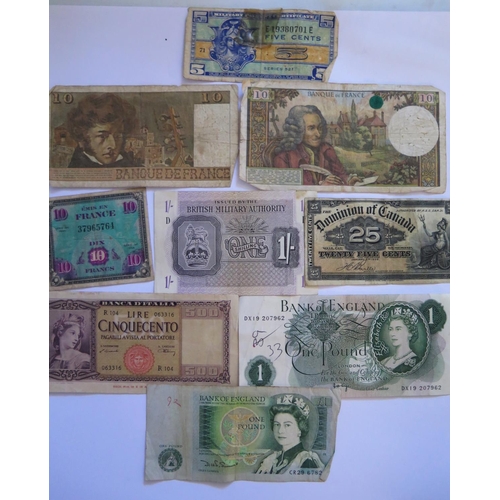 507 - A Small Selection of Bank Notes including £1, British Military Authority One Shilling, Canada 1900 2... 