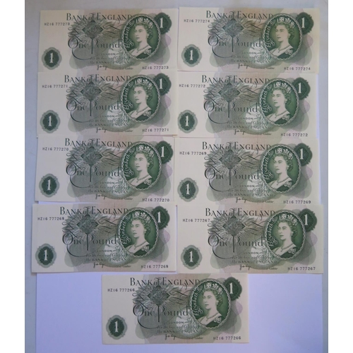 510 - A Collection of Nine Series C Consecutive £1 Notes: HZ16 777266-74, uncirculated