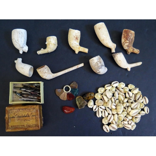 538 - A Collection of Clay Pipe Bowls, cowrie shells and steel pen nibs