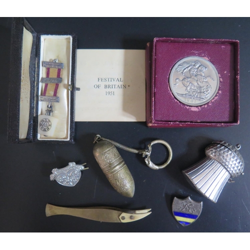 563 - A Masonic 'Jewel', cased 1951 Festival of Britain Crown, silver and enamel badge, vesta etc.