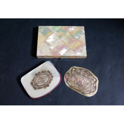 597 - A Victorian Mother of Pearl Card Case, purse with silver mount and loose panel