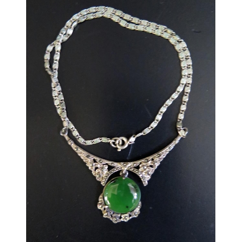 63 - A Silver, Jadeite and Marcasite Necklace, 10g