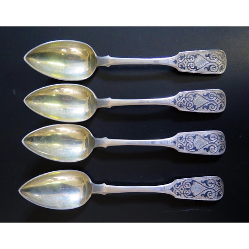 672 - A Set of Four mid 19th Century Russian Silver and Niello Engraved Desert Spoons, Moscow, 141g