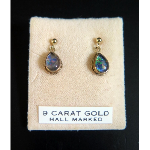 70 - A Pair of Hallmarked 9ct Gold and Black Opal Pendant Earrings (15mm), 1.2g