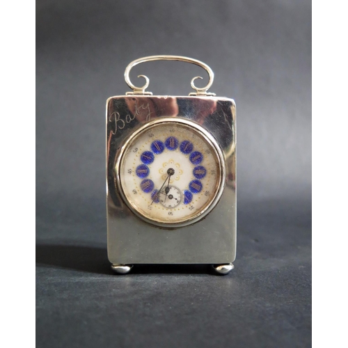 731 - A Small Birmingham Silver Carriage Clock with a pretty white and blue guilloché enamel dial with sub... 