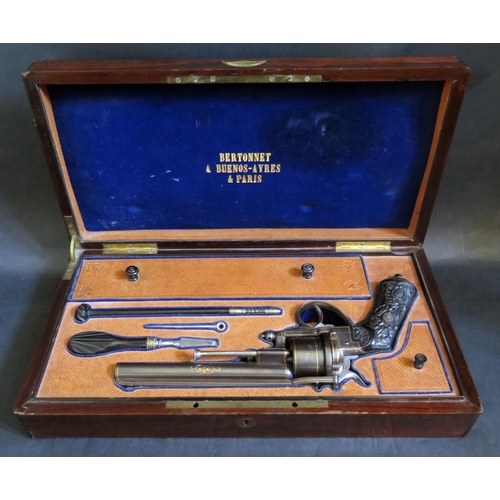 784 - A Cased Bertonnet Revolver with gold inlay and carved grip made for the Argentinian market, top of b... 