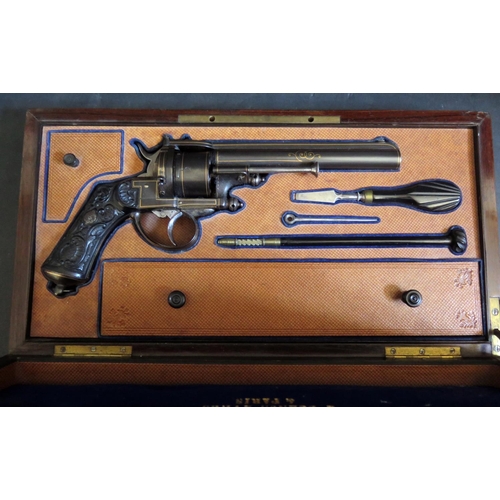 784 - A Cased Bertonnet Revolver with gold inlay and carved grip made for the Argentinian market, top of b... 