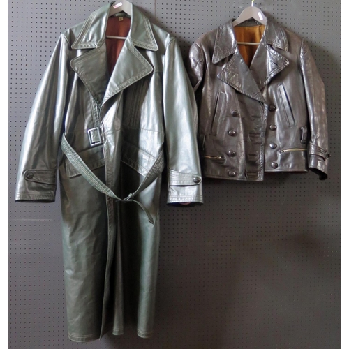 797J - A Vintage Black Leather Jacket and green faux leather trench coat