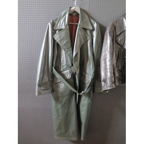 797J - A Vintage Black Leather Jacket and green faux leather trench coat