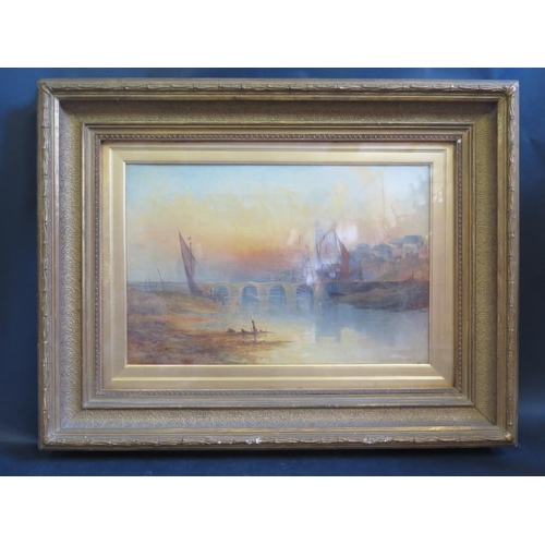 802 - Claude Harrison 1879, Bridge at Sunset, oil on canvas, 52 x 34cm, in gilt, glazed frame