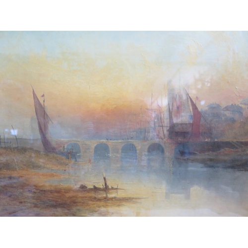 802 - Claude Harrison 1879, Bridge at Sunset, oil on canvas, 52 x 34cm, in gilt, glazed frame