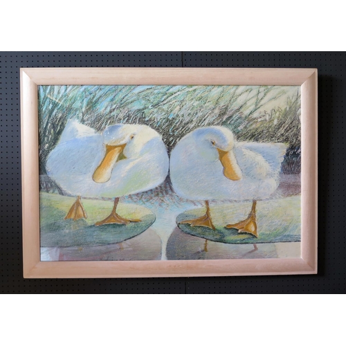 835 - Oliver Canti, British, late 20th/early 21st Century, 'Dallying Ducks', Oil Pastel on paper, Signed, ... 