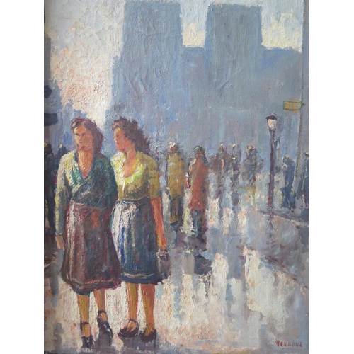 842a - Verrane? Signed oil on canvas, 1940's? painting of two women with city scene behind, 50 x 39cm, Fram... 