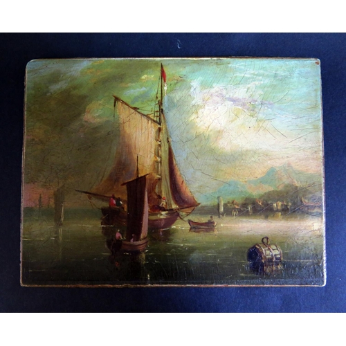 843 - Ships in the Harbour, unsigned C19th oil on card, 12 x 9cm, unframed