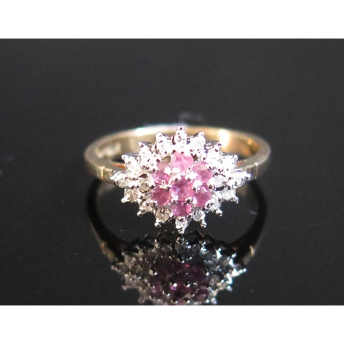 86 - A 9ct Gold, Ruby and Diamond Cluster Ring, size M.5, 2.7g