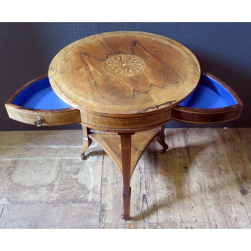 1455b - An Edwardian Rosewood and Marquetry Inlaid Occasional Table with three hinged silk lined drawers, 60... 