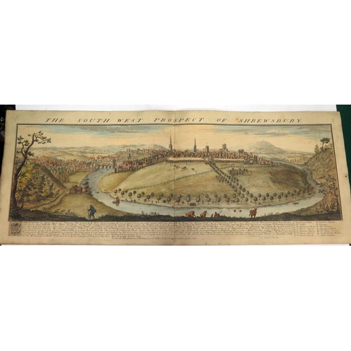 850 - Coloured Engraving entitled 'The South West Prospect of Shrewsbury', A panoramic view of Shrewsbury,... 