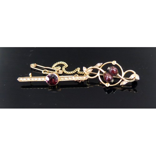 160 - A 9ct Gold, Garnet and Seed Peal Brooch SB&S (36mm) and one other, 3.2g