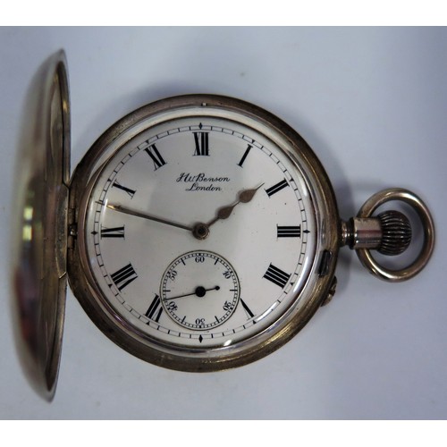 412 - A Silver Cased Half Hunter THE BANK Benson Pocket Watch, London 1913 (balance wheel damaged)