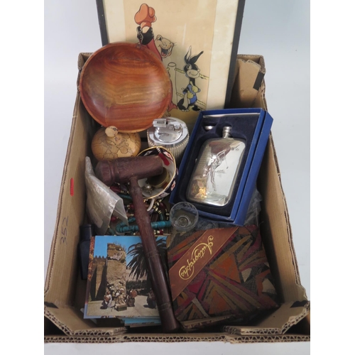 1390A - A Interesting Selection Of Oddments Including A Masonic Gavel,Golfing Hip Flask, Treen & Post Cards