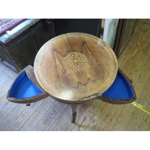 1455b - An Edwardian Rosewood and Marquetry Inlaid Occasional Table with three hinged silk lined drawers, 60... 